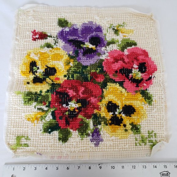 Vintage Completed Pillow Top 16x16 Needlepoint Needlework Pansy Flowers - Picture 7 of 8